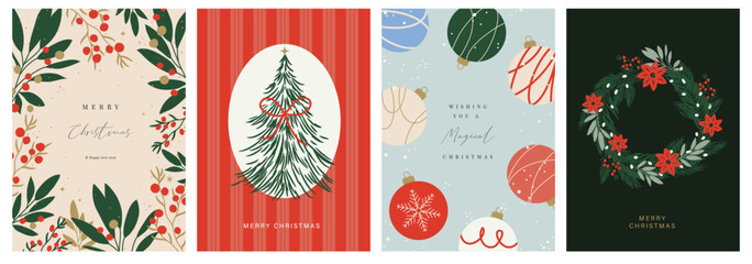 Christmas and Happy holiday greeting card vector set. Elegant wallpaper with bauble, christmas tree, wreath, leaves. Holidays design illustration for cover, print, poster, Happy New Year, ads.