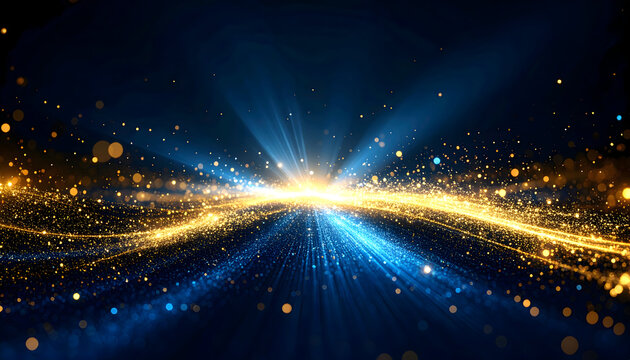 Abstract digital artwork of golden and blue light particles radiating outwards.