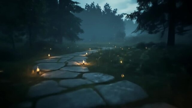 A Cinematic Journey Along a Candlelit Stone Path Through a Mysterious and Foggy Night Forest.