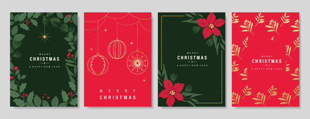 Christmas and Happy holiday greeting card vector set. Elegant wallpaper with pine leaves, bauble, holly berry. Holidays design illustration for cover, print, poster, Happy New Year, ads.