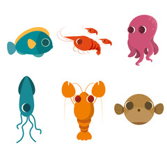 Collection of Adorable Underwater Sea Animals flat illustration