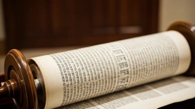 Ancient Torah Scroll on Wooden Stand - A close-up shot of an antique Torah scroll, meticulously crafted with wooden rollers and richly detailed text.