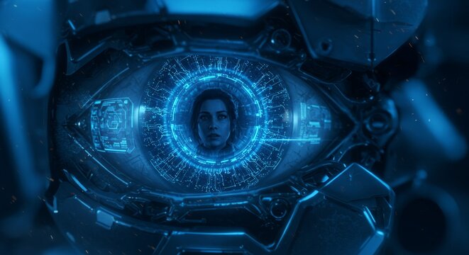 Futuristic cyborg eye with a woman's face inside a digital interface.