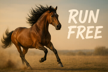 A majestic brown horse is running freely through a golden field during a warm sunset