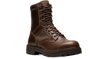 Rugged brown leather combat boot with high ankle textile panels and thick treaded sole. PNG Transparent