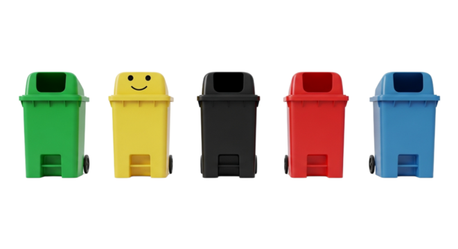Row of five colorful plastic recycling bins for waste separation one with a smiley face. PNG Transparent