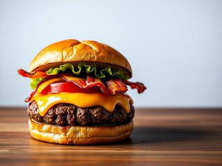 Gourmet Bacon Cheeseburger on a Wooden Table