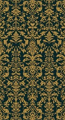 Elegant damask pattern in gold and dark teal creates a vintage wallpaper style backdrop