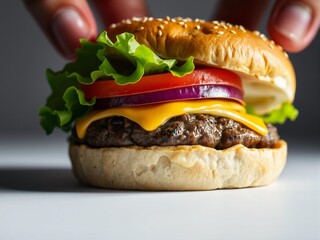 Hands Holding a Freshly Made Cheeseburger