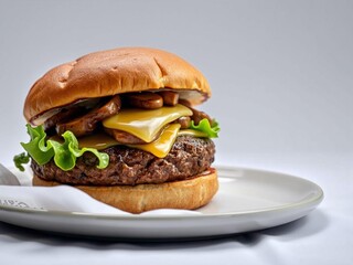 Gourmet Mushroom Cheeseburger on a Plate