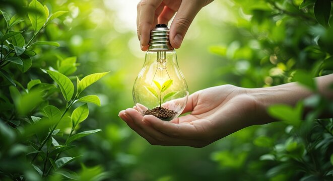 Hands Holding Light Bulb with Plant Inside – Concept of Eco-Friendly Innovation and Sustainability - Powered by Adobe