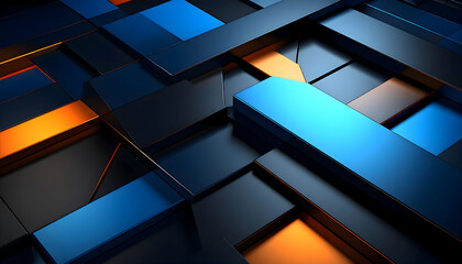 Obraz premium Abstract geometric composition with blue and orange metallic rectangles, dark background