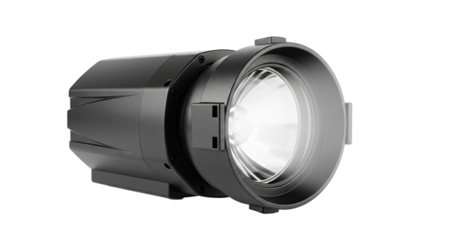Sleek black professional spotlight with a large glowing convex lens and matte finish. PNG Transparent
