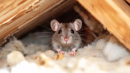 Obraz premium Brown Mouse Peeking Out From Nest in Attic Insulation, Close Up View