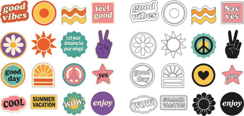 Retro groovy stickers vector pack good vibes summer vacation peace signs and positive message elements
