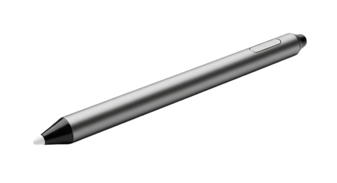 Sleek grey metallic digital stylus pen with a white nib and side button. PNG Transparent