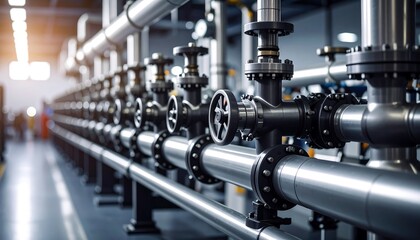 Industrial Pipes and Valves  Modern Factory Interior with Steel Infrastructure.