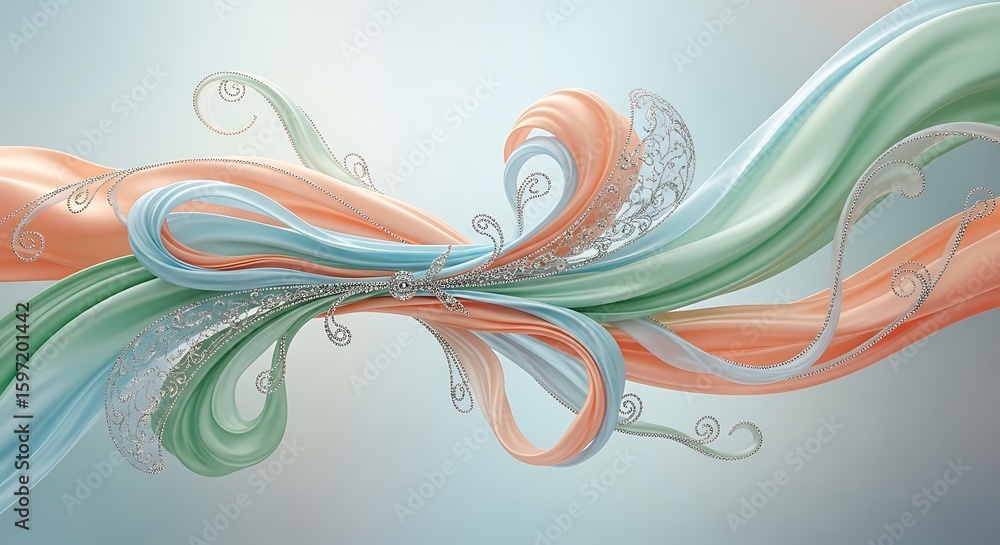 Poster elegant flowing ribbons with silver ornaments creating an abstract design