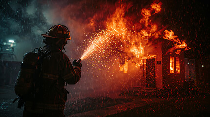 Rear view of firefighters extinguishing a fire at night.