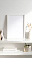 White shelf with framed blank canvas