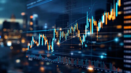 Financial chart with candlestick pattern overlayed on a blurred cityscape at night time display screen