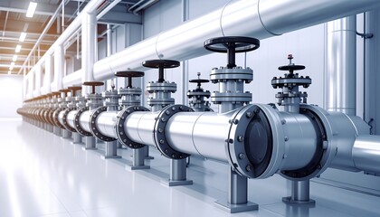 Industrial pipes with valves with clean interior, background light, and technical facility concept.
