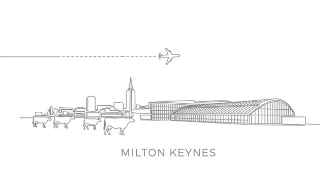 Milton Keynes Line Art Airport with Cows, and Plane.