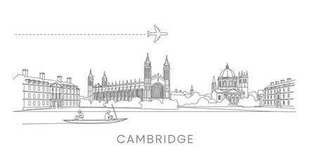 Cambridge skyline vector Plane with river, and punt.