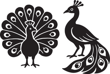 Obraz premium Two stylized black and white peacocks one with fanned tail