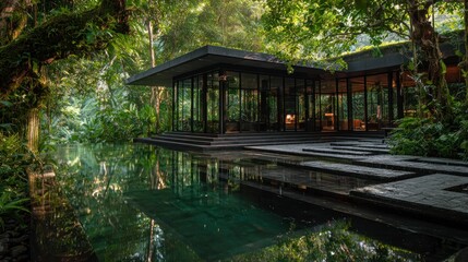 Obraz premium Modern architecture building in lush garden setting