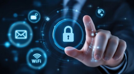 Hand interacting with digital interface displaying security lock wifi and email icons on dark background