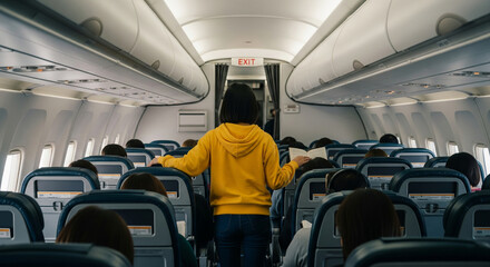Woman walking down airplane aisle, passengers seated, overhead compartments, interior view.