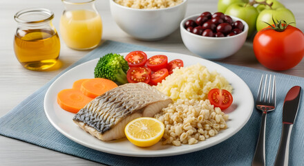 Delicious and healthy meal plate with fresh ingredients and vibrant colors, perfect for nutrition, diet, and lifestyle content