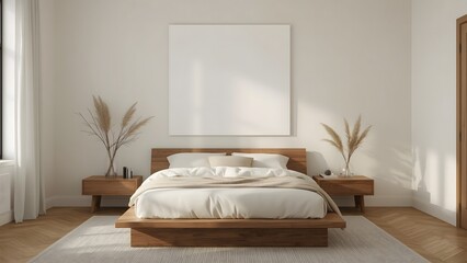 Minimalist Scandinavian Bedroom Interior:  Neutral Tones, Wooden Platform Bed, Mockup Canvas, Pampas Grass Decor.