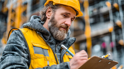 Construction Worker Inspecting Checklist on Clipboard. A construction worker in a high-visibility vest is focused on checking a list on a clipboard, ensuring all safety protocols are followed.