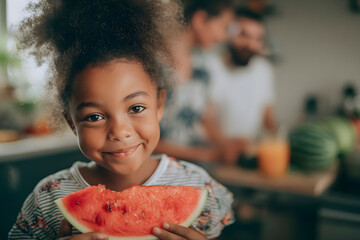 Smiling girl savoring a juicy watermelon slice while family members prepare a delicious meal in the background, creating a warm atmosphere