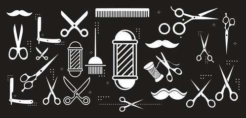 Barber Tools for Haircut black and white vector icon set