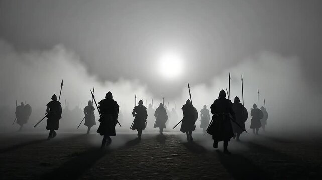 Silhouetted Medieval Army Marching in Fog