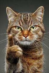 Obraz premium Tabby Cat Raising One Finger in Warning Gesture on Dark Gray Background