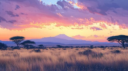 Obraz premium Artistic landscape of savanna with mountain and trees under colorful sky at sunset or sunrise