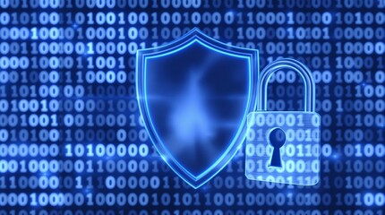 A digital shield and padlock overlayed on binary code representing cyber security measures online
