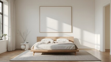 Modern minimalist bedroom interior: sunlit wooden bed, large blank canvas, neutral tones, serene mood.