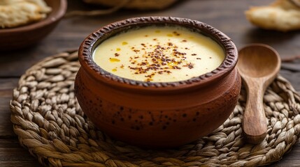 Creamy sweet yogurt in a traditional clay pot, topped with a light golden crust and served on a woven mat with a small wooden spoon.