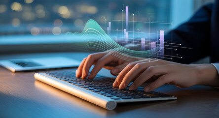 Hands typing on keyboard with data graphs