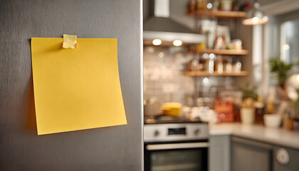 Single yellow sticky note pinned to refrigerator door in cozy kitchen interior. Reminds about task, grocery list. Blank paper, copy space for notes, text. Reminder concept. Home decor. Communication.