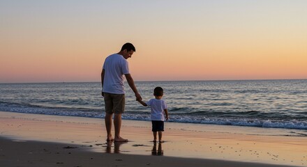 Father and son holding hands sunset beach