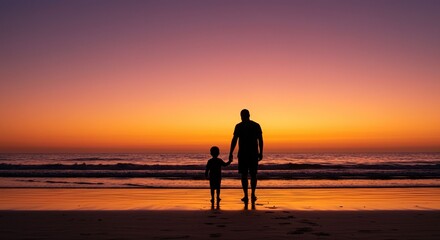 Father and son silhouette sunset beach