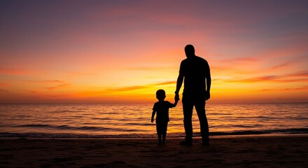 Father and son silhouette sunset beach