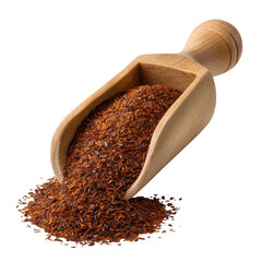 Wooden scoop filled with red rooibos tea leaves isolated on transparent background