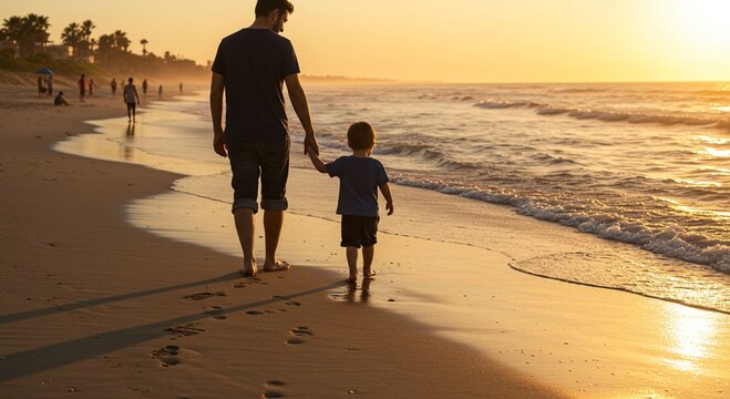 Father and son walking on beach at sunset